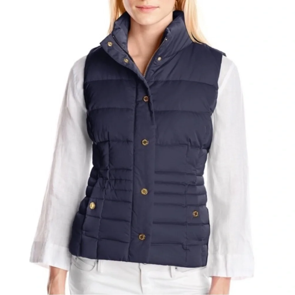 LILLY PULITZER Navy Fitted Slimming “Isabelle” Puffer Vest floral inner lining - Picture 1 of 16